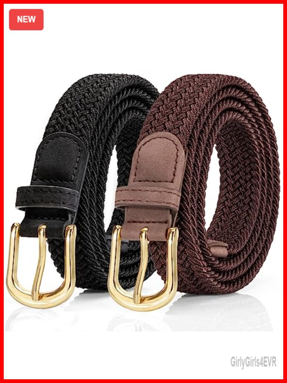 2 Pack Woven Stretch Belt for Women, Elastic Braided Belt with PU Leather Ends
